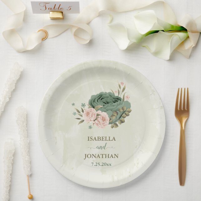 sage green blush flowers wedding paper plate (Wedding)