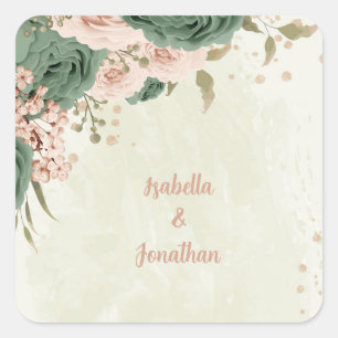 sage green blush flowers wedding square sticker