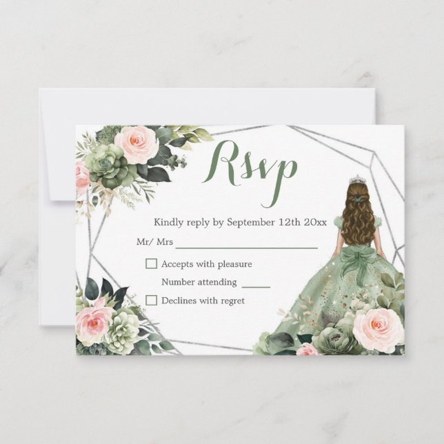 Sage Green Blush Geometric Princess Quinceañera RSVP Card (Front)