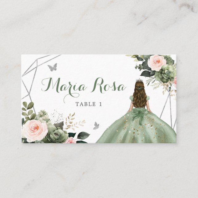 Sage Green Blush Girl Sweet 16th Birthday Place Card (Front)