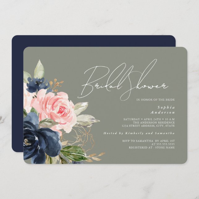Sage Green Blush Navy Floral Bridal Shower Invitation (Front/Back)