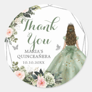 Sage Green Blush Pink Floral 15 Años Thank You Classic Round Sticker