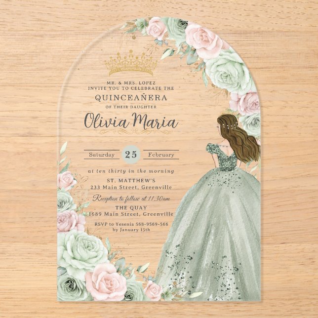 Sage Green Blush Pink Floral Princess Quinceañera  Acrylic Invitations (Front)