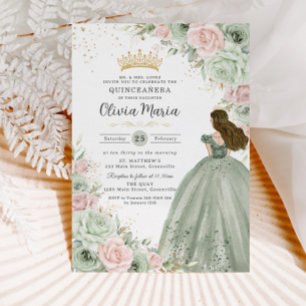 Sage Green Blush Pink Floral Princess Quinceañera  Invitation