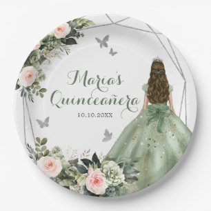 Sage Green Blush Pink Floral Princess XV Años Paper Plate