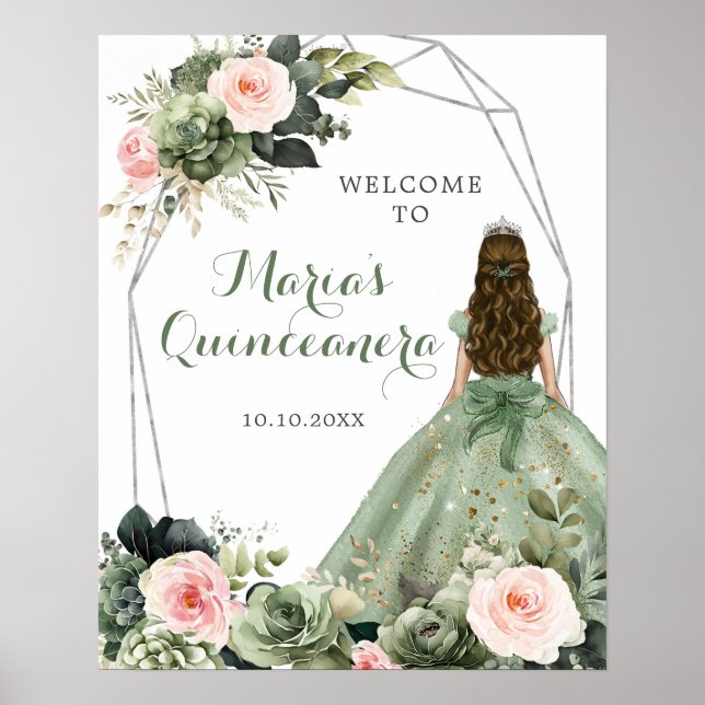 Sage Green Blush Pink Floral Quinceañera Welcome Poster (Front)