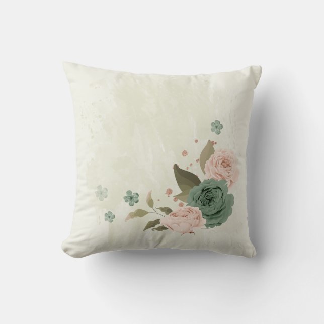 sage green blush pink flowers cushion (Front)