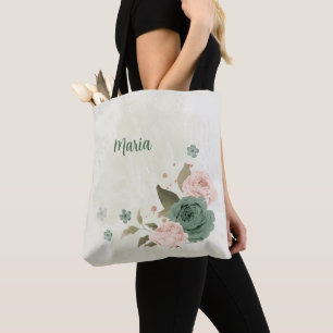sage green blush pink flowers tote bag