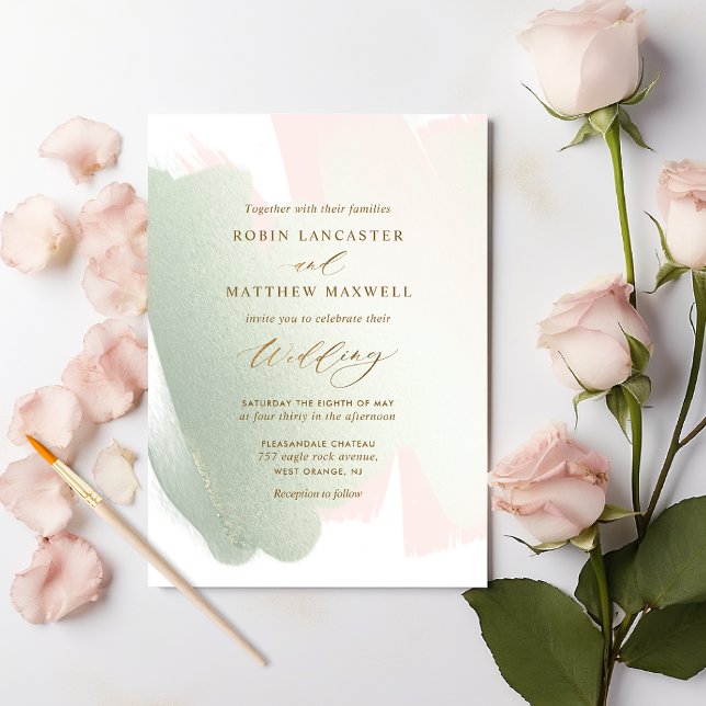 Sage Green Blush Pink Minimal Elegant Wedding Invitation (Creator Uploaded)