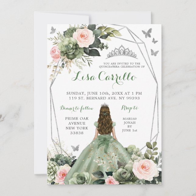 Sage Green Blush Pink Princess Quinceañera Invitation (Front)