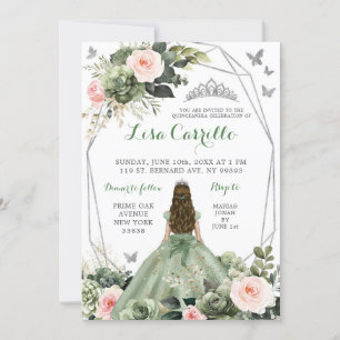 Sage Green Blush Pink Princess Quinceañera Invitation