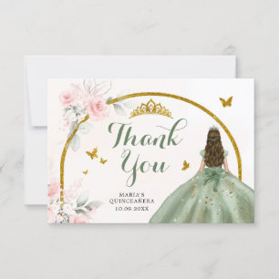 Sage Green Blush Pink Princess Quinceanera Thank You Card