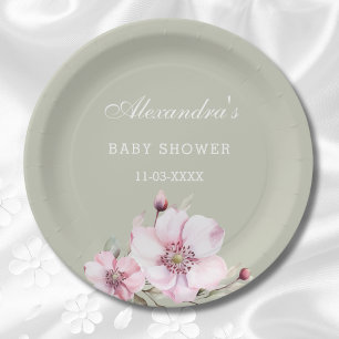 Sage Green Blush Pink Roses Baby Shower Paper Plate