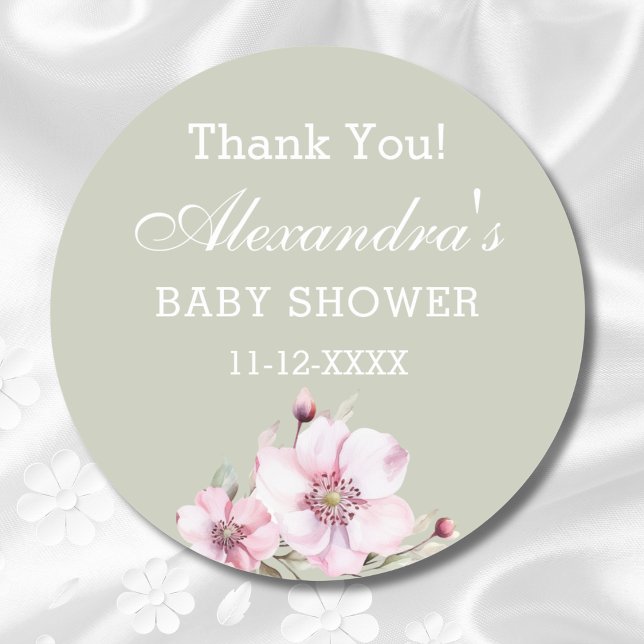 Sage Green Blush Pink Roses Baby Shower Thank You Classic Round Sticker (Creator Uploaded)