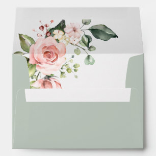 Sage Green Blush Watercolor  Romantic Floral Envelope