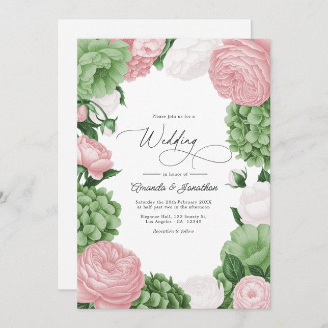 Sage Green, Blush & White Floral Wedding Invitation (Front/Back)