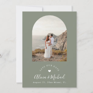 Sage green boho arch modern QR code photo wedding Save The Date