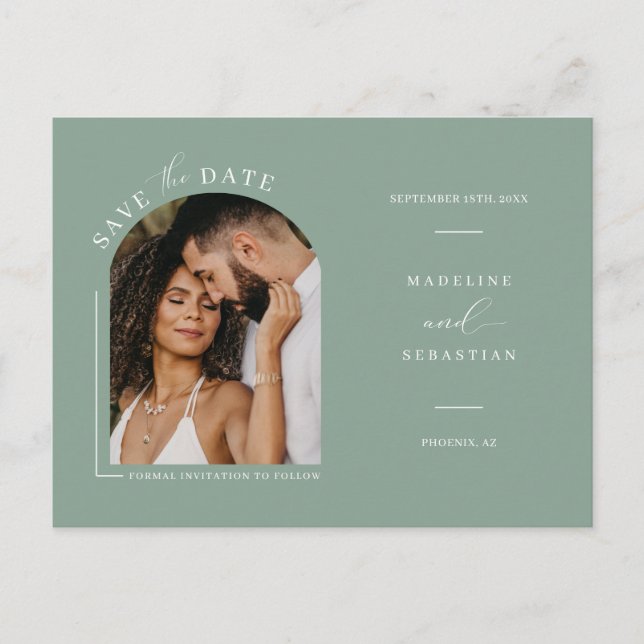 Sage Green Boho Arch Photo QR Code Save the Date P Postcard (Front)