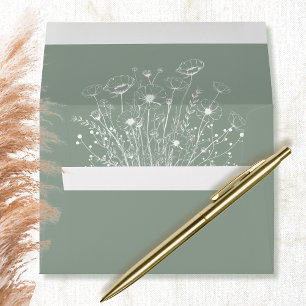 Sage Green Boho Botanical White Wildflower Wedding Envelope