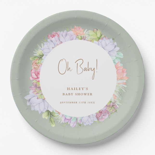 Sage Green Boho Cactus Desert Oh Baby Shower  Paper Plate (Front)