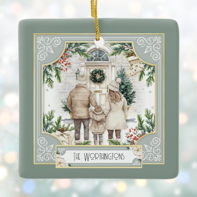 Sage Green Boho Chic Personalised Family Christmas Ceramic Ornament (Creator Uploaded)