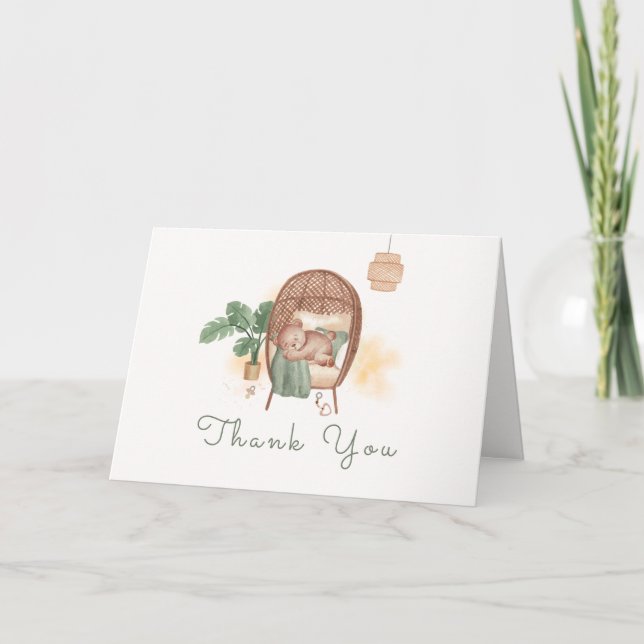 Sage Green Boho Cosy Teddy Bear Sleep Baby Shower  Thank You Card (Front)