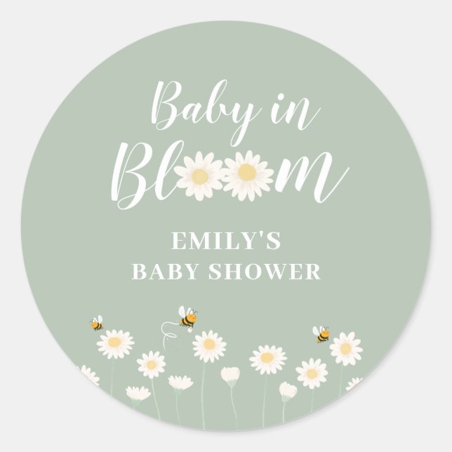 Sage Green Boho Daisy Floral Baby In Bloom Shower Classic Round Sticker (Front)