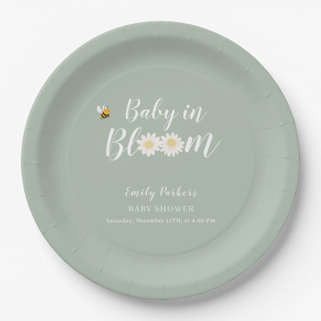 Sage Green Boho Daisy Floral Baby In Bloom Shower Paper Plate (Front)