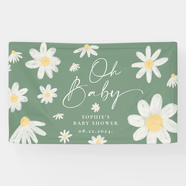 Sage Green Boho Daisy Flower Baby Shower Banner (Horizontal)