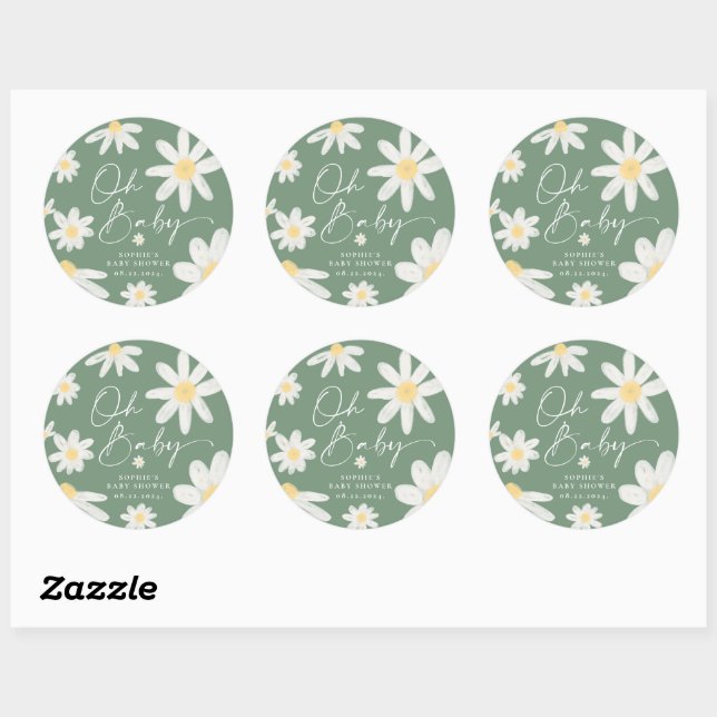 Sage Green Boho Daisy Flower Round Sticker (Sheet)