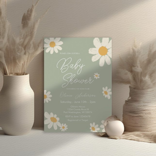 Sage Green Boho Daisy Flowers Baby Shower  Invitation (Creator Uploaded)