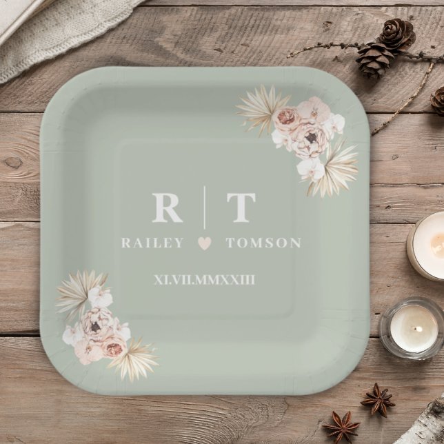 Sage Green Boho Floral Elegant Wedding Monogram Paper Plate (Creator Uploaded)
