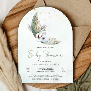 Sage Green Boho Floral Moon Arch Baby Shower Invitation