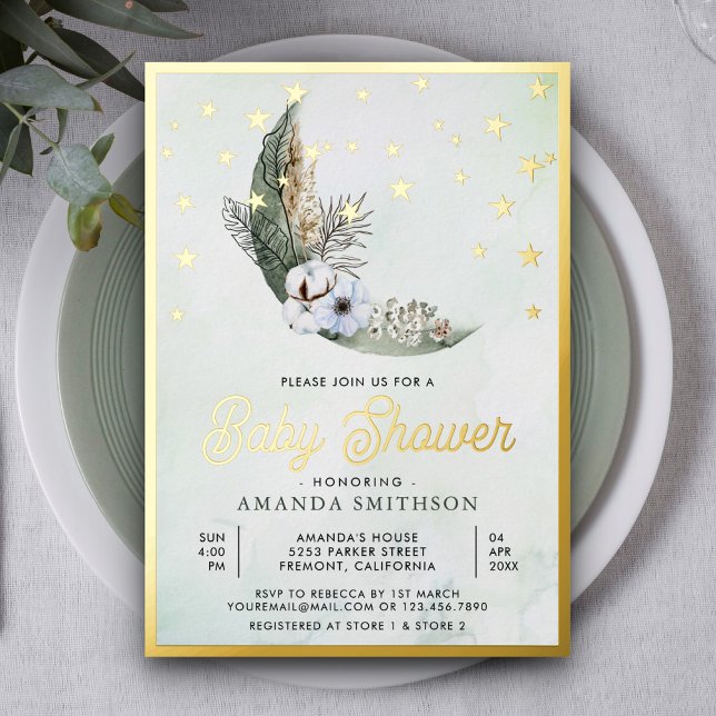 Sage Green Boho Floral Moon Stars Baby Shower Gold (Creator Uploaded)