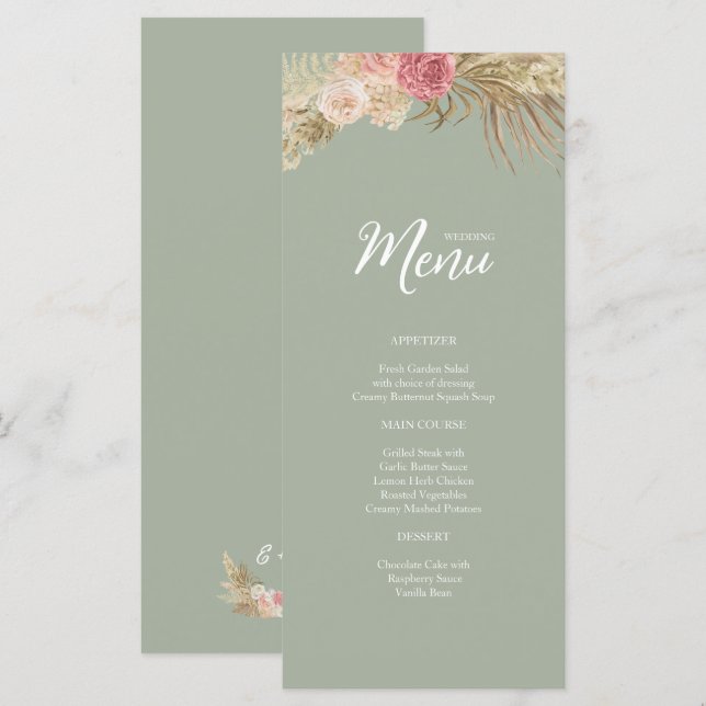 Sage green Boho Floral Wedding Flat Menu (Front/Back)