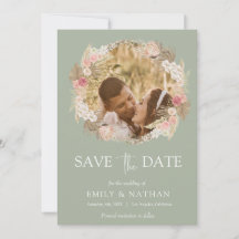 Sage green Boho Floral wreath Photo Save the date