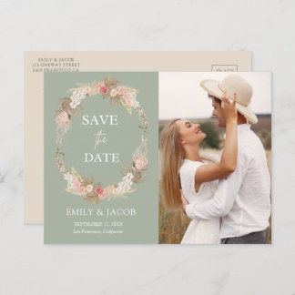 Sage Green Boho floral wreath Save the date Postcard