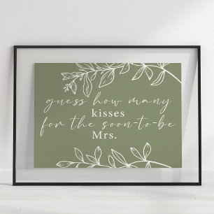 Sage Green Boho Flowers Guess How Many Kisses Game Poster