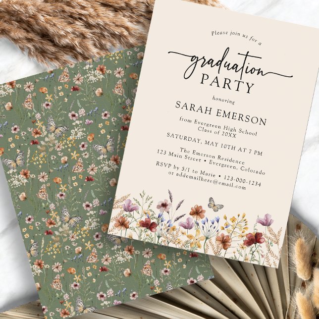 Sage Green Boho Graduation Invitation (Sage Green Wildflower Boho Graduation Invitation with Butterfly by Painted Paperie
)