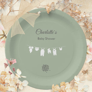 Sage Green Boho Minimalist Baby Shower Paper Plate