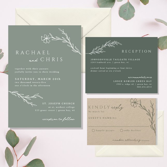 Sage Green Boho Modern Stenciled Floral Botanical Invitation (Creator Uploaded)