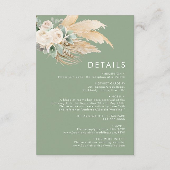 Sage Green Boho Pampas Grass Details Enclosure Card (Front)