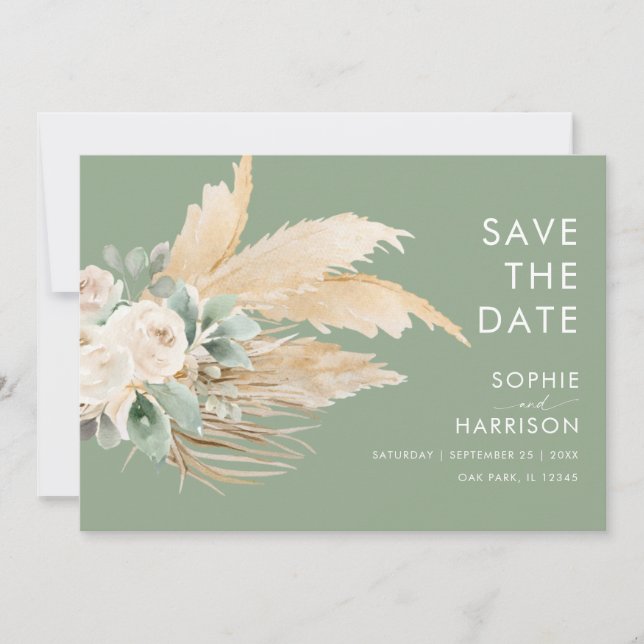 Sage Green Boho Pampas Grass  Save The Date Invitation (Front)