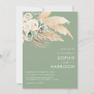 Sage Green Boho Pampas Grass Wedding  Invitation