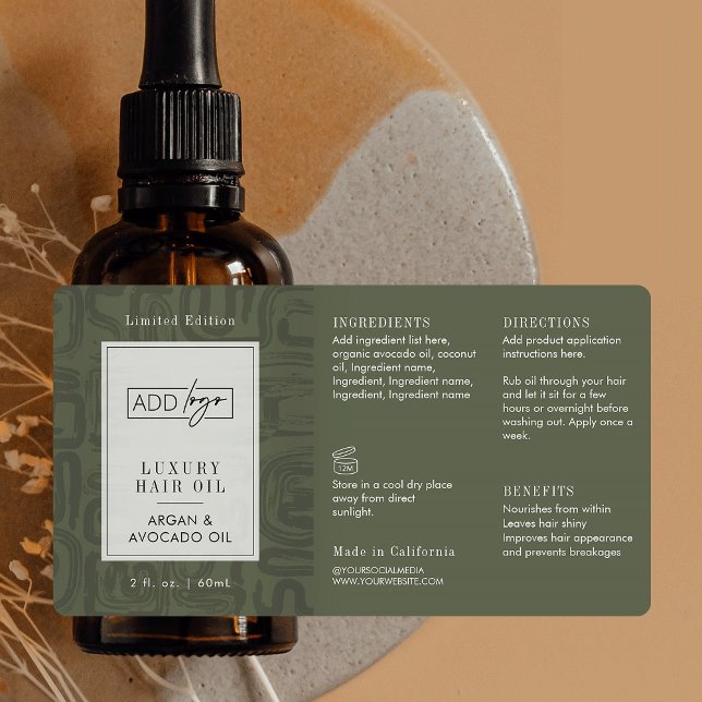 Sage Green Boho Pattern Logo 2OZ Dropper Bottle (Elegant earthy sage green tones custom logo cosmetic bottle wrap around label design )