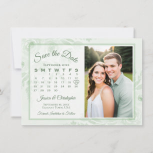 Sage Green Boho Peonies Calendar & Photo Wedding Save The Date