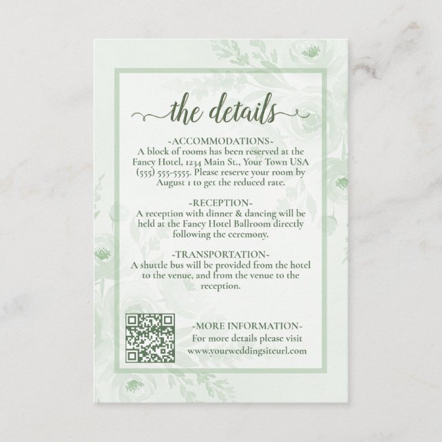 Sage Green Boho Peonies Wedding Details QR Code Enclosure Card (Front)