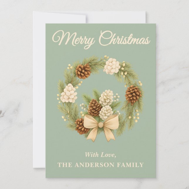 Sage Green Boho Pine Greenery Wreath Holiday Card (Front)