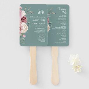 Sage Green Boho Pink Floral Wedding Program Hand Fan