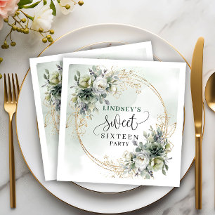 Sage Green Boho Sweet Sixteen Greenery Gold Napkin